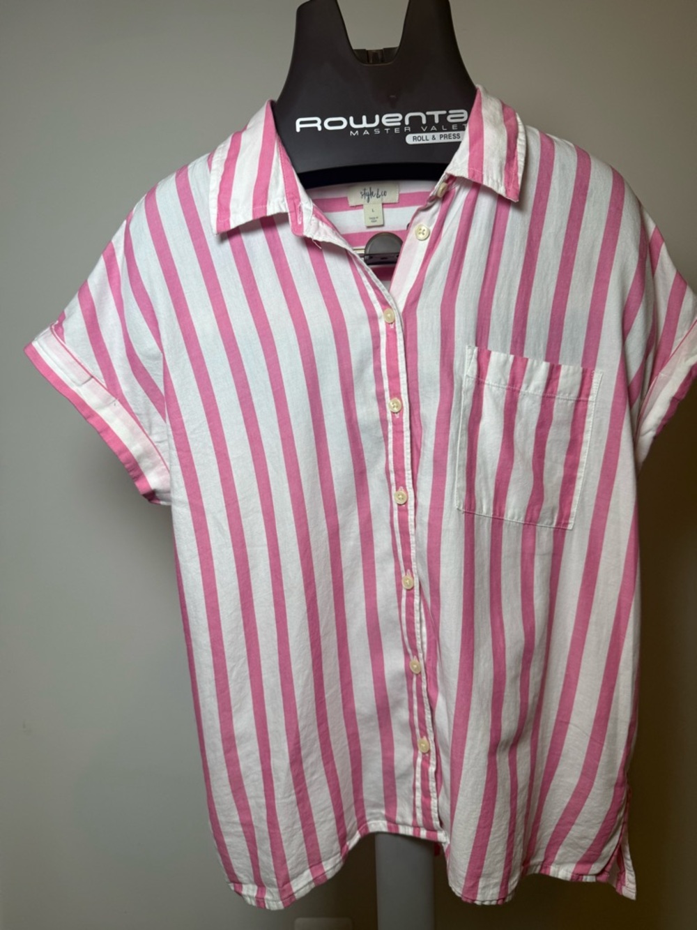 Style & Co -Pink Striped Button-Up Short Sleeve Top - Casual Women’s Shirt - Picture 2 of 11